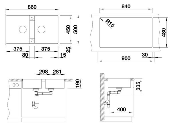 Blanco Zia 9, silgranitový drez 860x500x190 mm, 2-komorový, biela, BLA-516678