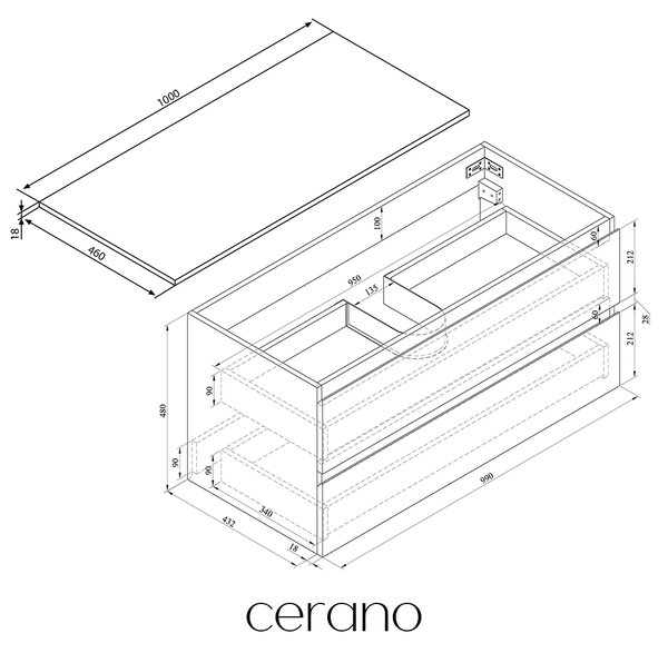 CERANO - Kúpeľňová skrinka Carole + doska pod umývadlo Navira Slim - 18 mm - biela matná - 100x49,8x46 cm