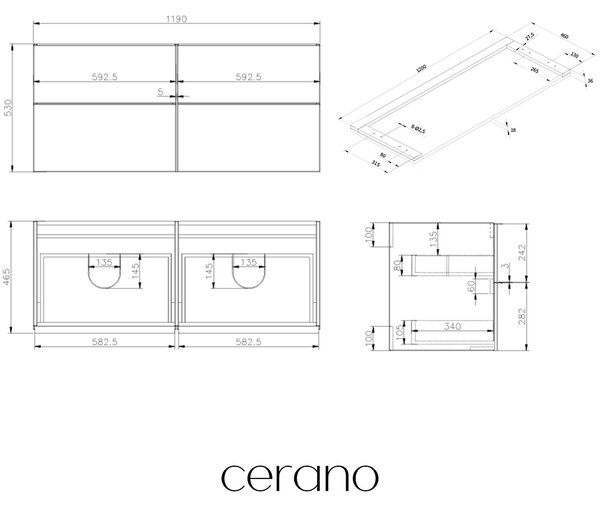 CERANO - Kúpeľňová skrinka Velora - čierna matná, úchytka zlatá + doska pod umývadlo Navira Pro - 36 mm - 120x56,6x46,5 cm