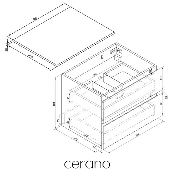 CERANO - Kúpeľňová skrinka Carole + doska pod umývadlo Navira Slim - 18 mm - biela matná - 60x49,8x46 cm