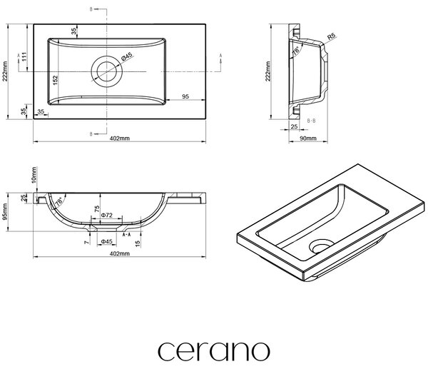 CERANO - Umývadlo z liateho mramoru Sora/Zola - biela lesklá - 40x22 cm