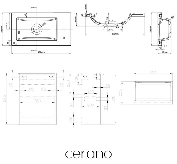 CERANO - Umývadlová skrinka pre WC Zola - dub medový + umývadlo z lit. mramoru - čierna matná - 40x55x23, 5 cm