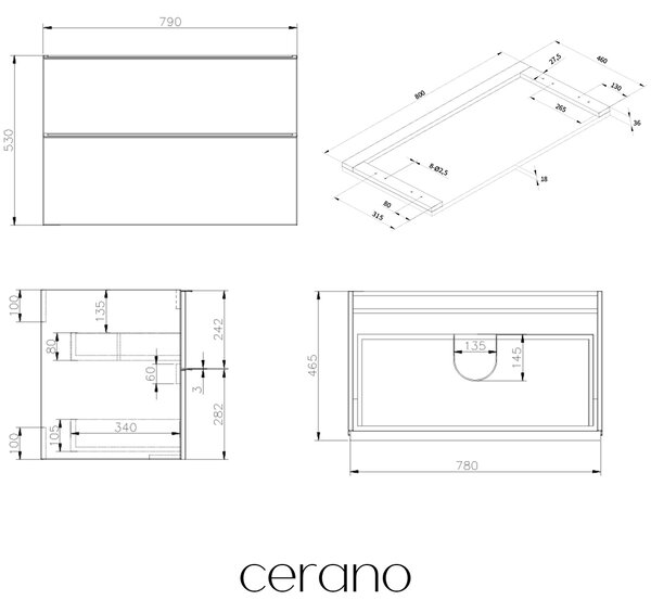 CERANO - Kúpeľňová skrinka Velora - biela matná, úchytka zlatá + doska pod umývadlo Navira Pro - 36 mm - 80x56,6x46,5 cm