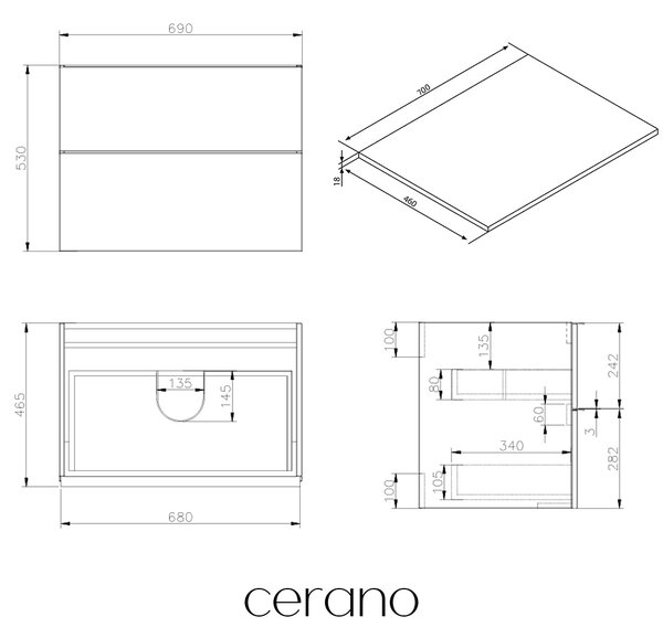 CERANO - Kúpeľňová skrinka Velora - dub medový, úchytka čierna + doska pod umývadlo Navira Slim - 18 mm - 70x54, 8x46, 5 cm