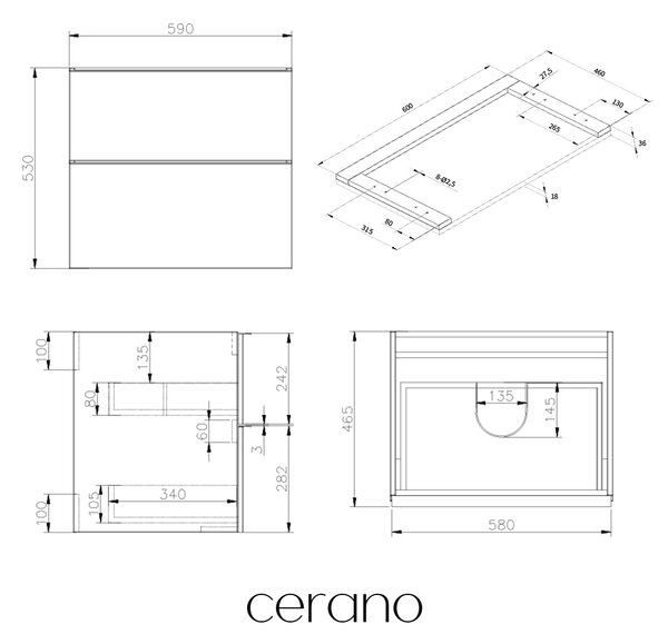 CERANO - Kúpeľňová skrinka Velora - biela matná, úchytka čierna + doska pod umývadlo Navira Pro - 36 mm - 60x56,6x46,5 cm