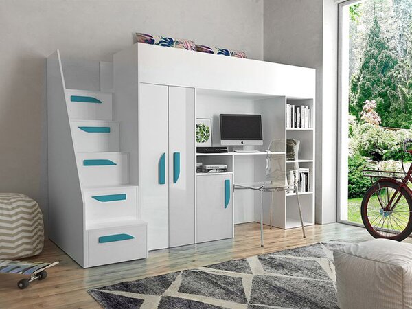 Mirjan24 Poschodová posteľ so schodmi Pen 14, Farby: Biela + Ružový lesk + Biely lesk 5902928921397
