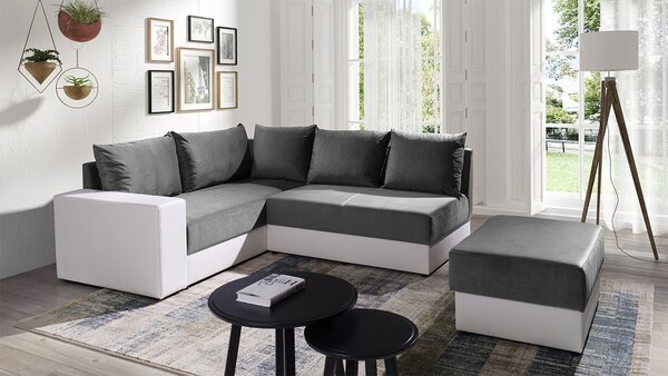 Mirjan24 Rohová sedacia súprava Ageo, Dostupné poťahy: Ekokoža Soft 017 (biela) + Kronos 22, Strana: pravá, Taburetka: nie 5902928172164