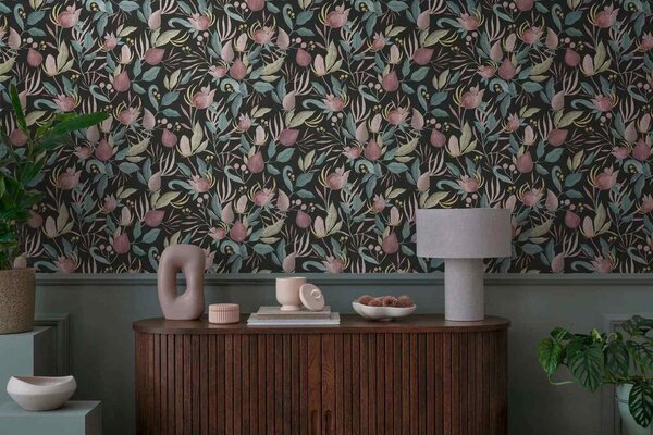 A.S. Création | Vliesová tapeta na stenu COSMO Living 79062-2 | 0,53 x 10,05 m | čierna, vínová, ružová, vining ivy, žltá