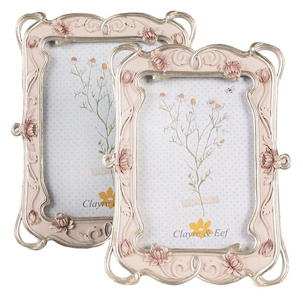 Pastelovo ružový fotorámik so zdobením a kvetmi - 19*2*24 cm / 13*18 cm - Clayre & Eef