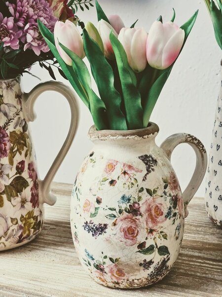 Béžový keramický dekoratívny džbán s ružami Rosina M - 17*13*18 cm - Clayre & Eef