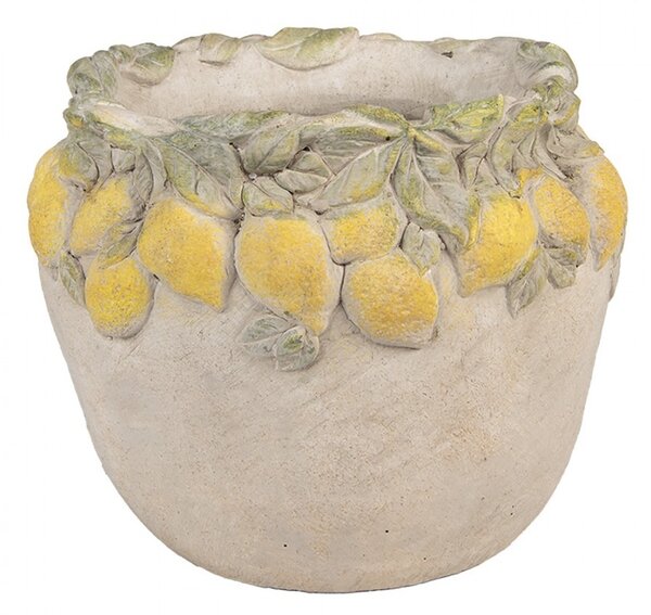 Béžový cementový kvetináč lemovaný citrónmi Lemoni - Ø 22*19 cm - Clayre & Eef