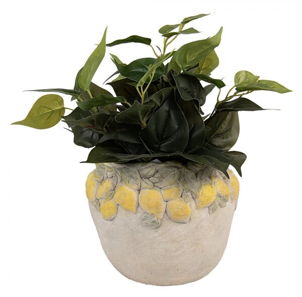 Béžový cementový kvetináč lemovaný citrónmi Lemoni - Ø 22*19 cm - Clayre & Eef