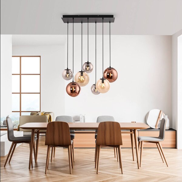 JUST LIGHT. GmbH Závesné svietidlo Shiny, 7-pl., dlhé, viacfarebné, sklo, E14, Viacfarebné, Obývacia izba / jedáleň, Sklo, Závesné svietidlo