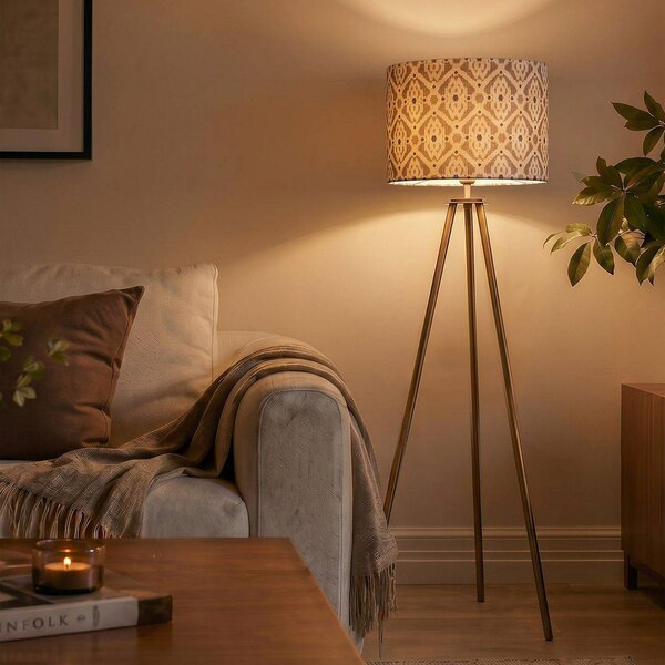 PR Home Stojacia lampa Base, antik mosadz/béžová, výška 123 cm, textil, Hnedá / staromosadz, Obývacia izba / jedáleň, kov, Škandinávsky, Stojaca lampa