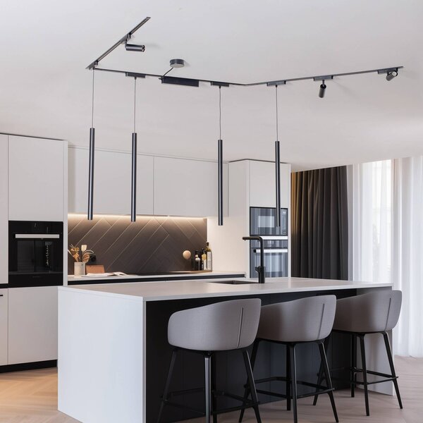 Lindby Kolejnicový systém Lumaro, bodové svetlá, závesné 7-pl., čierne, 48 V,, Čierna, Obývacia izba / jedáleň, Hliník, Moderný, Koľajnicový systém