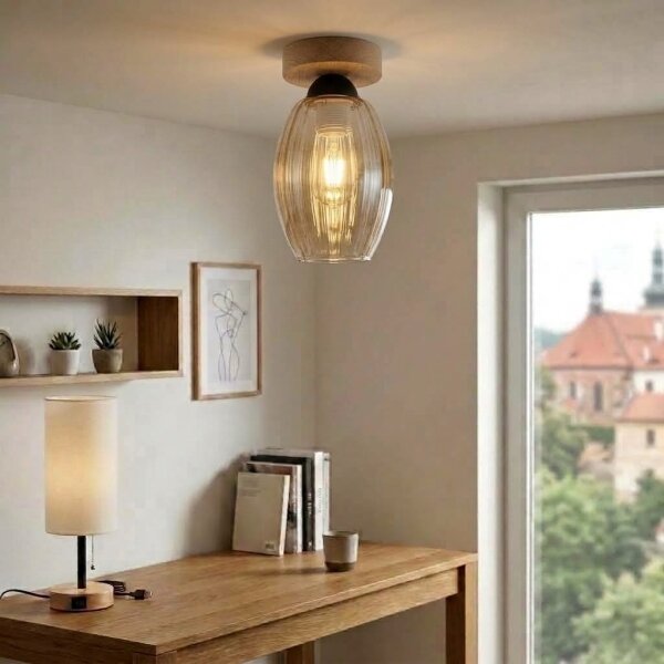 BRILAGI - LED Stropné svietidlo R GLASS 1xE27/60W/230V pr. 17cm dub/dymovo-béžová