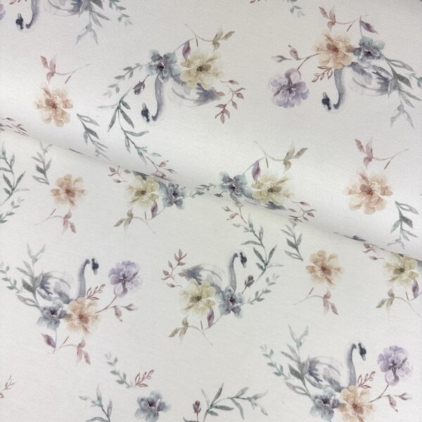 Metráž Teplákovina digital Organic - Labute modré na maslovom