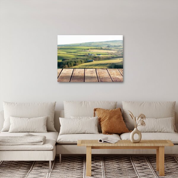 Obraz - Drevená polica s krajinou (70x50 cm)