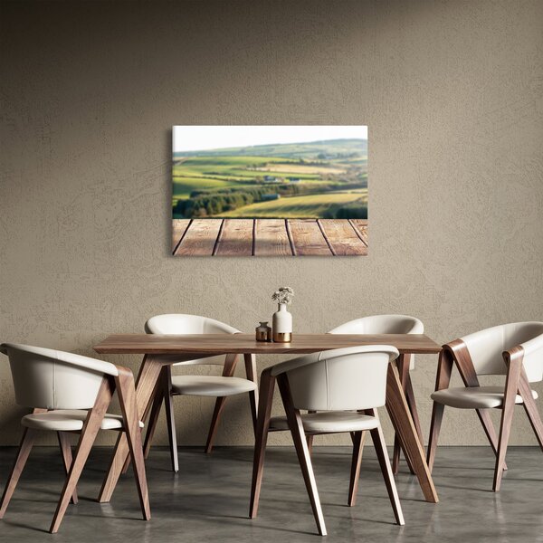 Obraz - Drevená polica s krajinou (90x60 cm)