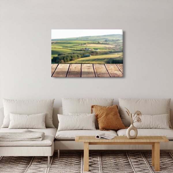Obraz - Drevená polica s krajinou (90x60 cm)