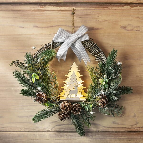 LED Vianočný veniec na dvere Zimný les
