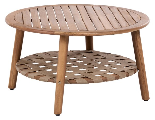 Záhradný konferenčný stolík hnedý akáciové drevo 80 x 80 cm okrúhly tvar s policou moderný štýl terasa balkón exteriér