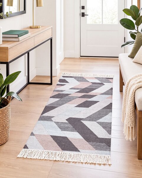 Koberec viacfarebný juta 80 x 150 cm geometrický vzor obdĺžnikový tvar so strapcami ručne tkaný boho štýl obývacia izba spálňa