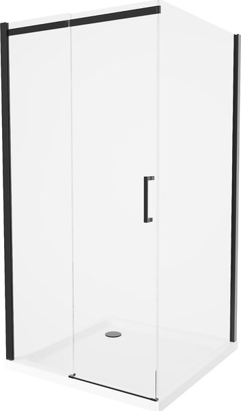 Mexen Omega, sprchovací kút s posuvnými dverami 100 (dvere) x 100 (stena) cm, 8mm číre sklo, čierny profil + slim sprchová vanička biela s čiernym…