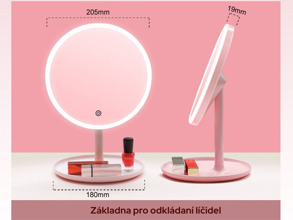Bezdoteku LED kozmetické makeup zrkadlo guľaté veľké ružové
