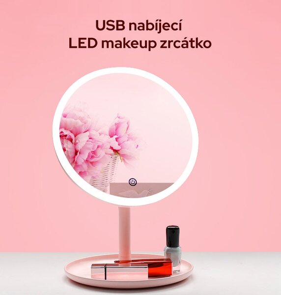 Bezdoteku LED kozmetické makeup zrkadlo guľaté veľké ružové