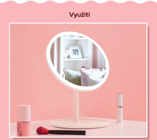 Bezdoteku LED kozmetické makeup zrkadlo guľaté veľké ružové