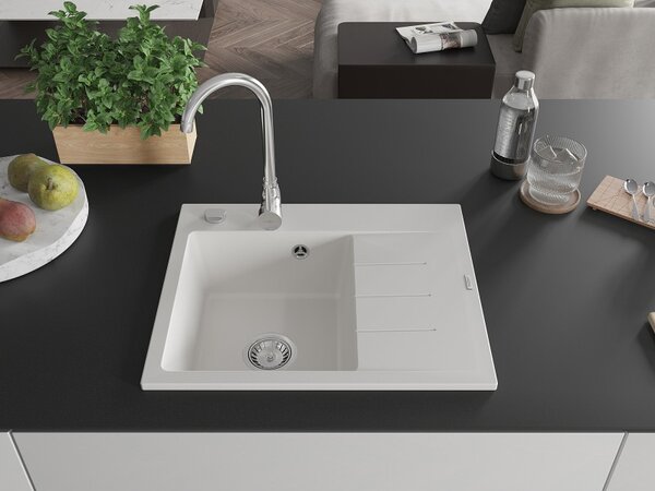 Mexen Ben Granitový drez s 1 komorou a odkvapkávačom, ľavý 600 x 500 mm, biely, sifón chrómový - 6522605000-20
