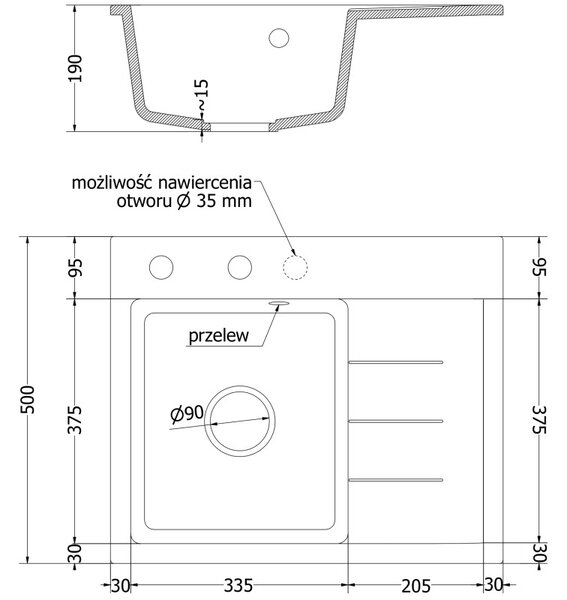 Mexen Ben Granitový drez s 1 komorou a odkvapkávačom, ľavý 600 x 500 mm, biely, sifón chrómový - 6522605000-20