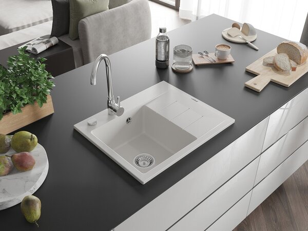 Mexen Ben Granitový drez s 1 komorou a odkvapkávačom, ľavý 600 x 500 mm, biely, sifón chrómový - 6522605000-20