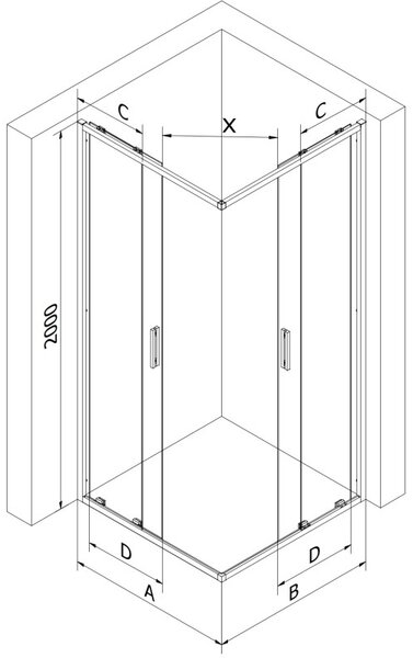 Mexen Exo-S Duo štvorcový sprchovací kút so zasúvacími dverami 90 x 90 cm, transparentný, chróm - 8111-090-090-01-00