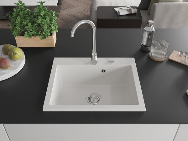 Mexen Elix granitový kuchynský drez 1-komorový 600 x 500 mm, biely, sifón chróm - 6525601005-20