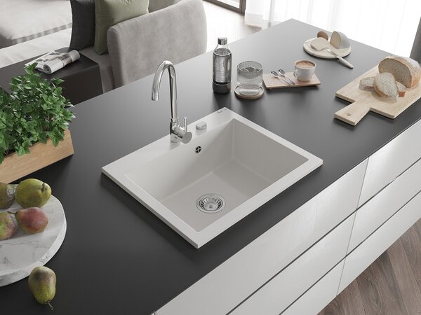 Mexen Elix granitový kuchynský drez 1-komorový 600 x 500 mm, biely, sifón chróm - 6525601005-20