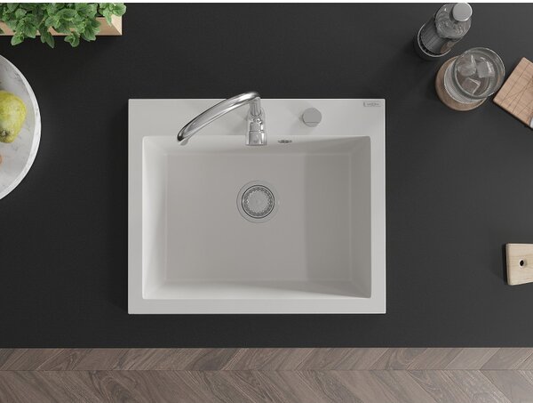 Mexen Elix granitový kuchynský drez 1-komorový 600 x 500 mm, biely, sifón chróm - 6525601005-20
