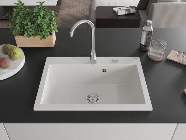 Mexen Elix granitový kuchynský drez 1-komorový 700 x 500 mm, biely, sifón chróm - 6526701005-20