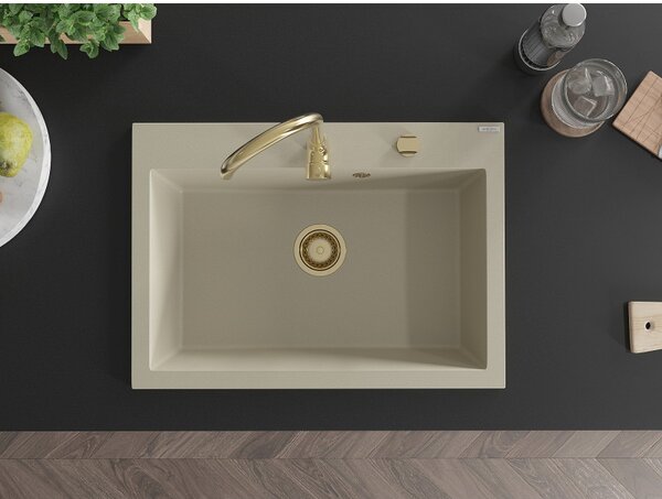 Mexen Elix kuchynský drez z granitu, 1-komorový, 700 x 500 mm, béžový, zlatý sifón - 6526701005-69-G