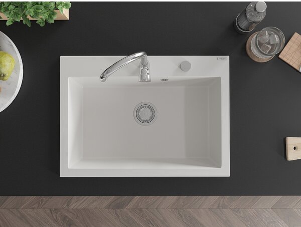Mexen Elix granitový kuchynský drez 1-komorový 700 x 500 mm, biely, sifón chróm - 6526701005-20