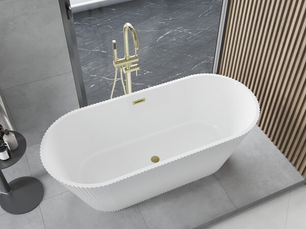 Mexen Yara voľne stojaca ryhovaná vaňa 170 x 75 cm, biela, prepad zlatý kartáčovaný - 52861707500-55
