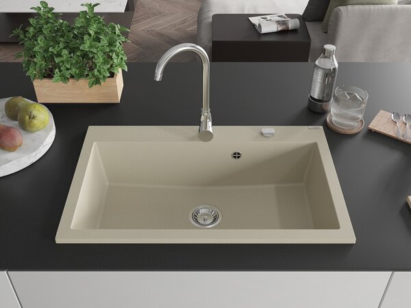 Mexen Elix kuchynský drez z umelého kameňa 1-komorový 800 x 500 mm, béžový, sifón chróm - 6527801005-69