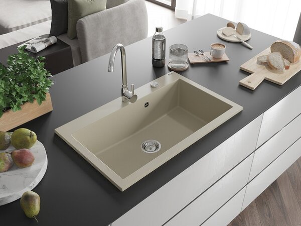 Mexen Elix kuchynský drez z umelého kameňa 1-komorový 800 x 500 mm, béžový, sifón chróm - 6527801005-69