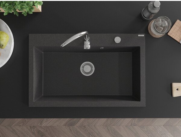 Mexen Elix granitový drez s 1 komorou 800 x 500 mm, čierny s bodkami, chrómový sifón - 6527801005-76