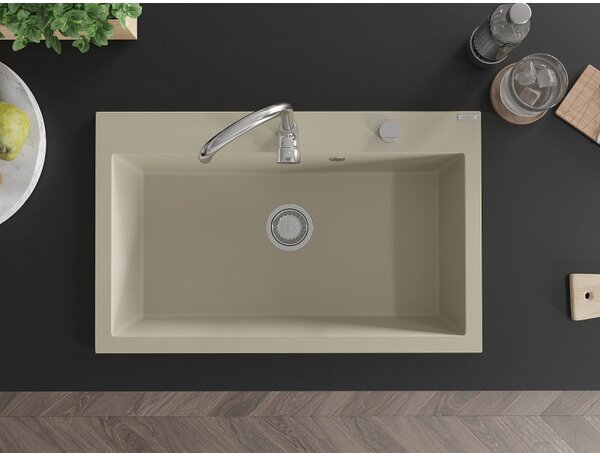 Mexen Elix kuchynský drez z umelého kameňa 1-komorový 800 x 500 mm, béžový, sifón chróm - 6527801005-69