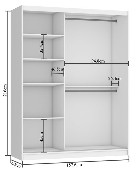Šatníková skriňa 158cm Belini biely mat / čierny mat s posuvnými dverami a zrkadlom