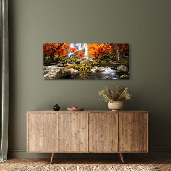 Obraz - Vodopády v jesennej krajine, oranžový (120x50 cm)