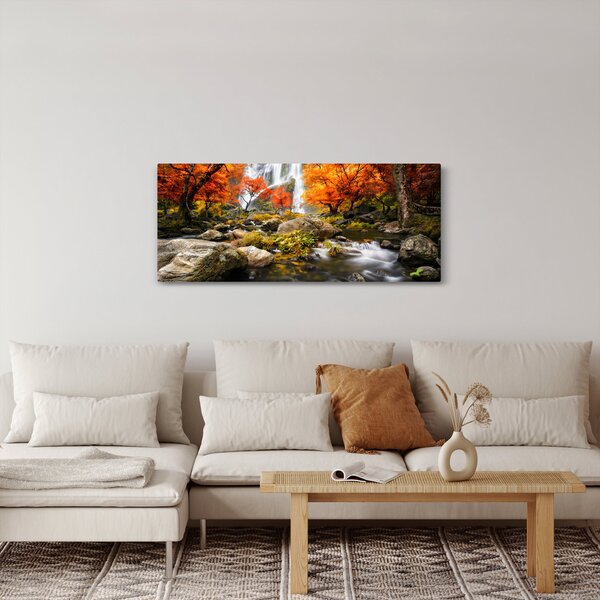 Obraz - Vodopády v jesennej krajine, oranžový (120x50 cm)