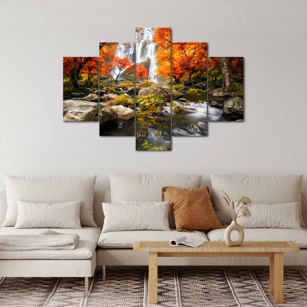 Obraz - Vodopády v jesennej krajine, oranžový (150x105 cm)